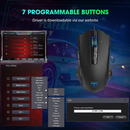 Mouse Gamer USB 7200 DPI, 7 Botones programables, RGB - WEEMSBOX